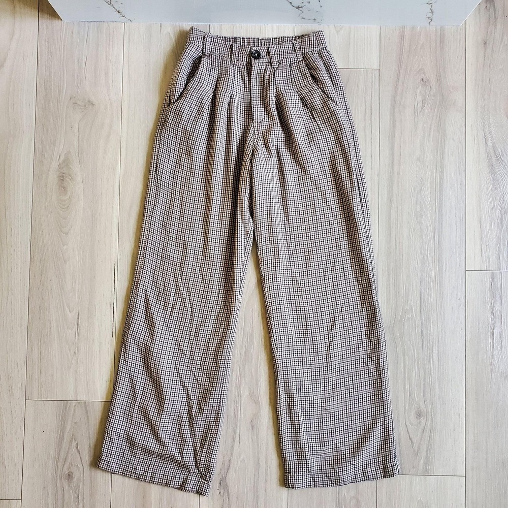 KENZIE + Francesca Dress Pants Womens XS Brown Plaid Elastic Waist Lined Twill